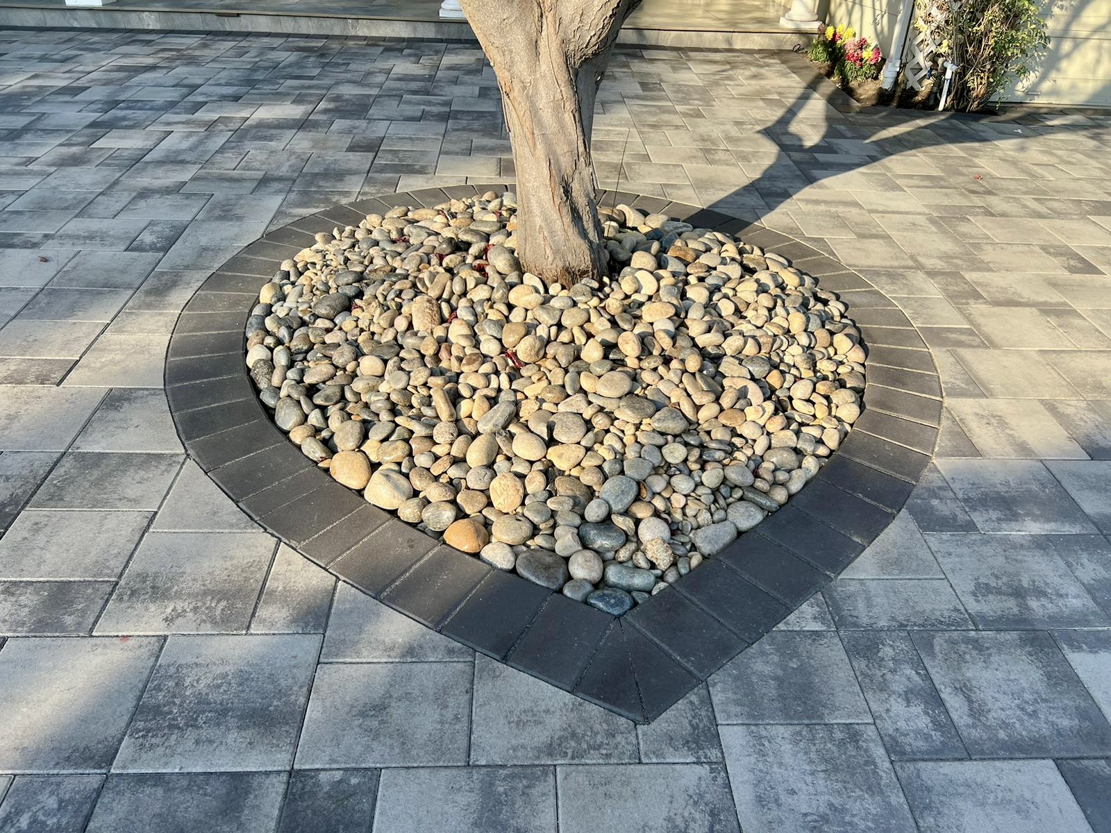 Heart-shaped tree well with decorative river rocks